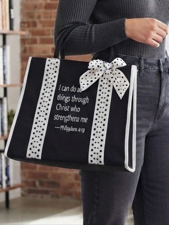 Unbranded Handbags - Market Black & White Polka Dot Bow Tote Bag Philippians 4:13 Scripture Verse